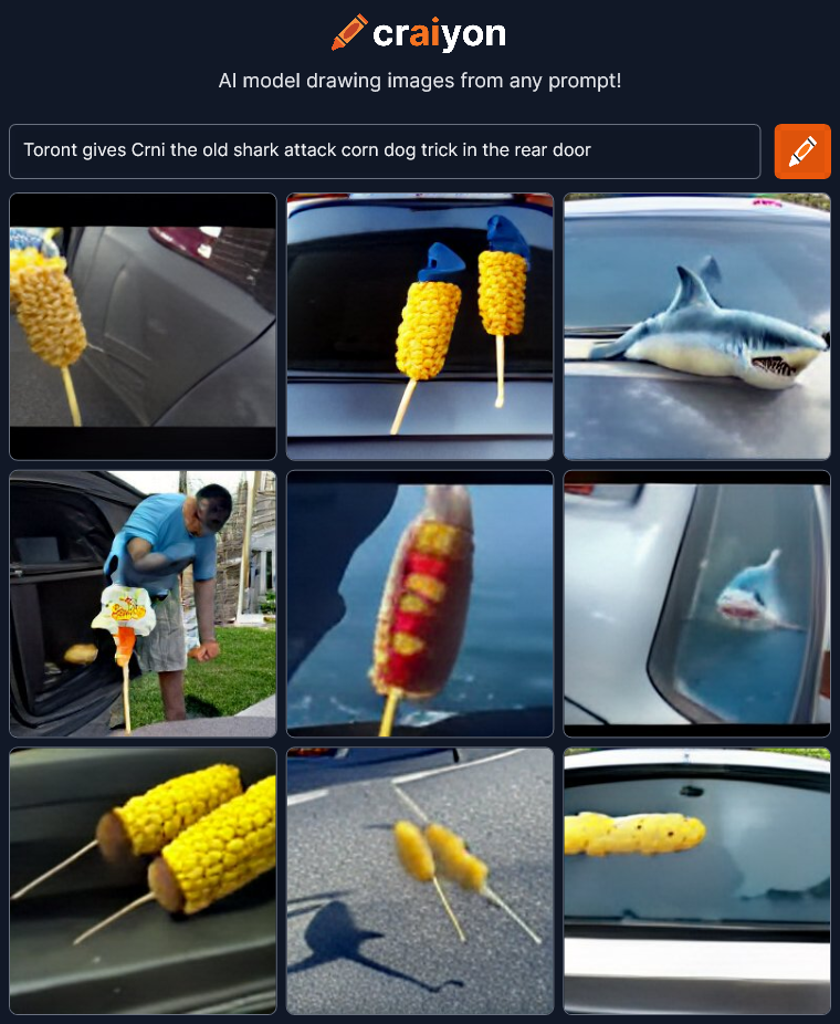 craiyon_013233_Toront_gives_Crni_the_old_shark_attack_corn_dog_trick_in_the_rear_door_br_.png