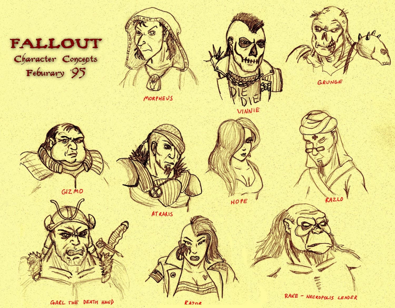 This one is a concept drawing of the various characters in Fallout 1.
