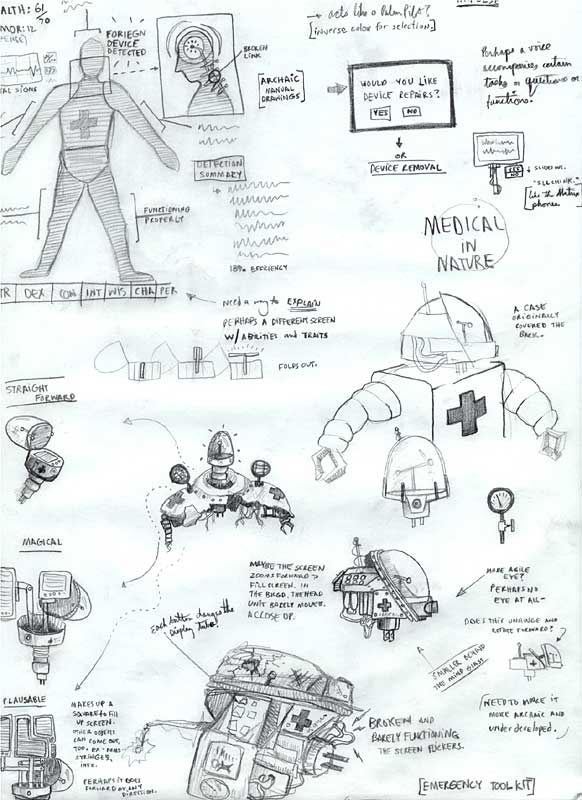 Concept art exploring different concepts for the BioBuddy and menus.