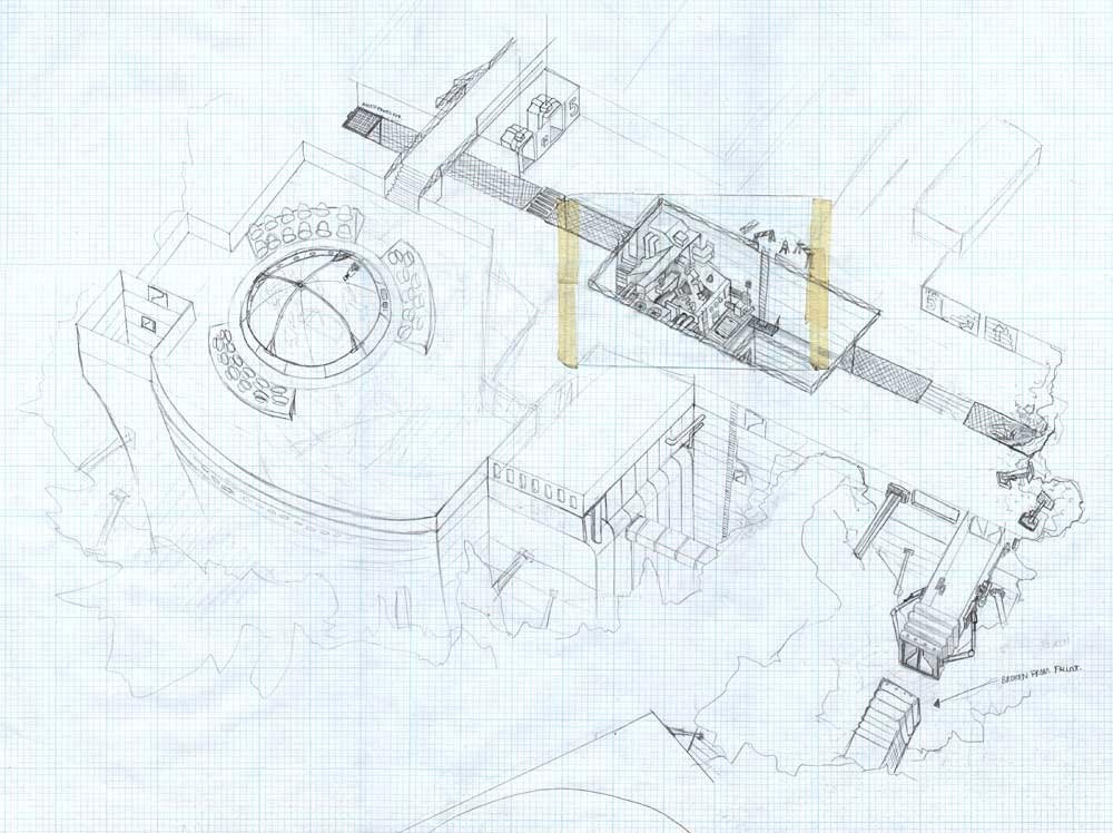 Concept art for level 5 of the facility. Seems to include an observational theater, heavy...