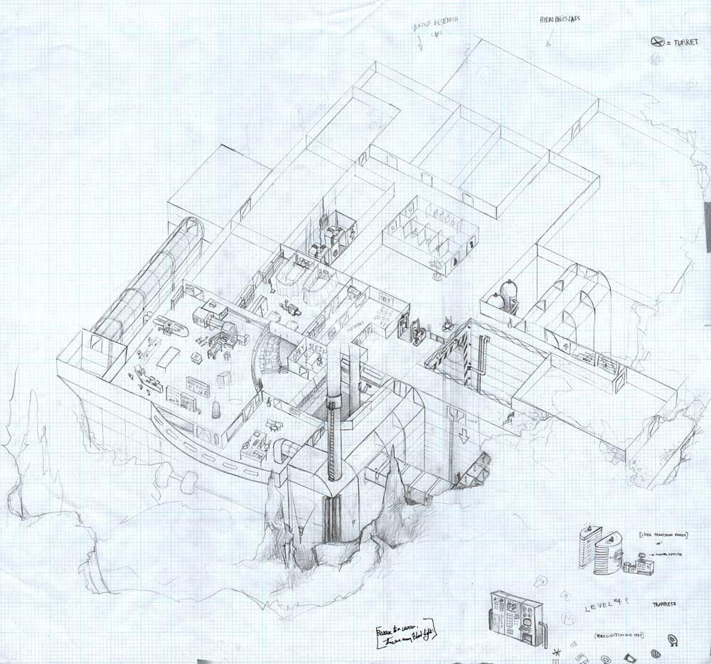 Concept art for the second level from the bottom of the facility. Including offices, a medical...