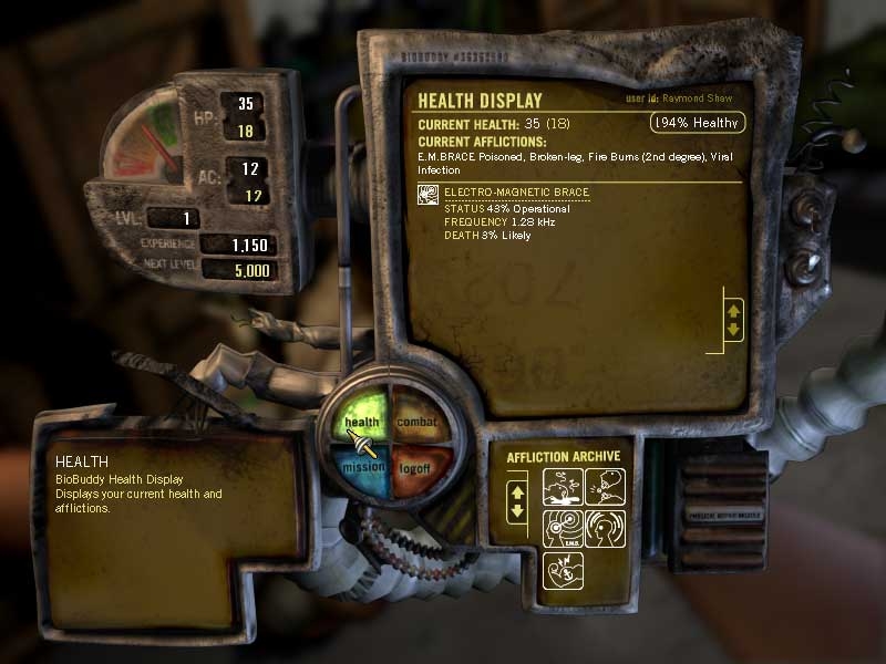 The health screen of the BioBuddy, detailing all the afflictions sustained by the player...