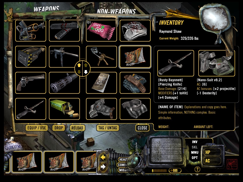 An inventory screen with all the items included in the game, though most are not available in...