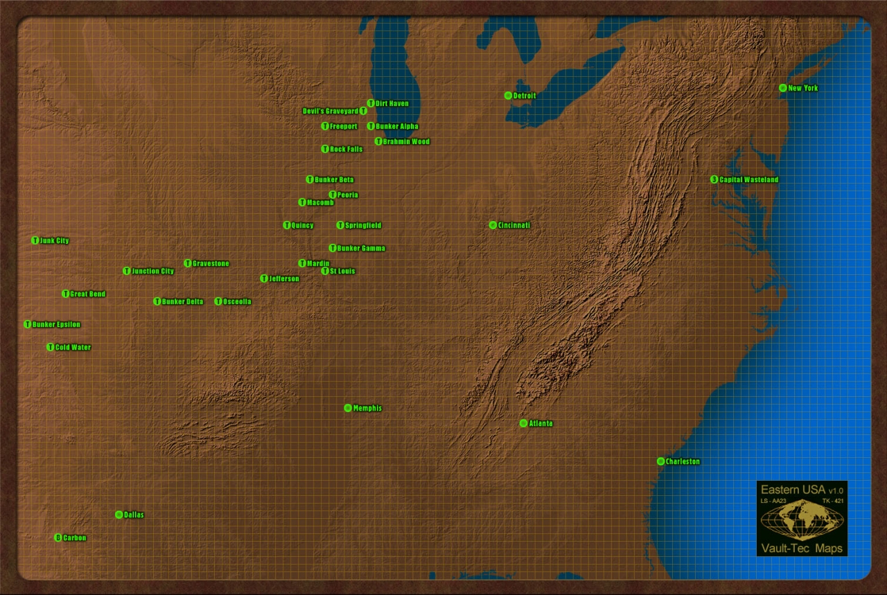 A full map of the US East Coast, as pieces together from Fallout 1, 2, Tactics, BoS, Van Buren...